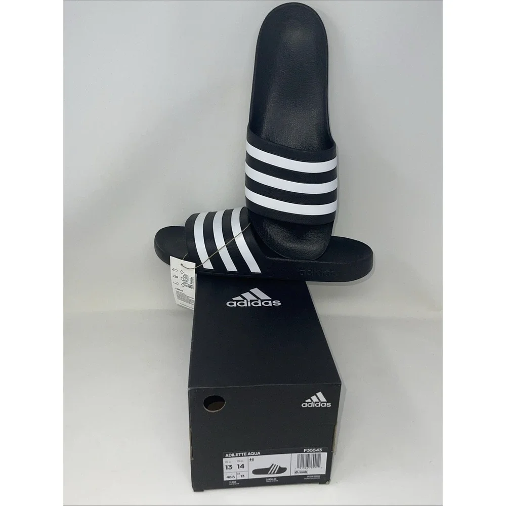 Adidas Men's Size 13 Women 14 Slides Black White 3 Stripes Adilette Aqua Slip On
